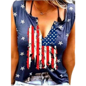 American Flag Print top, Vintage Button Front Sleeveless Independence Day